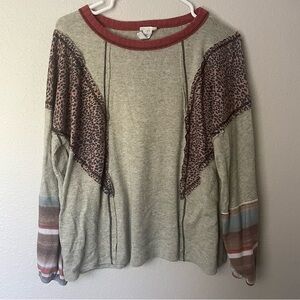 BIBI women’s long sleeve patchwork leopard animal print blouse top, sz L